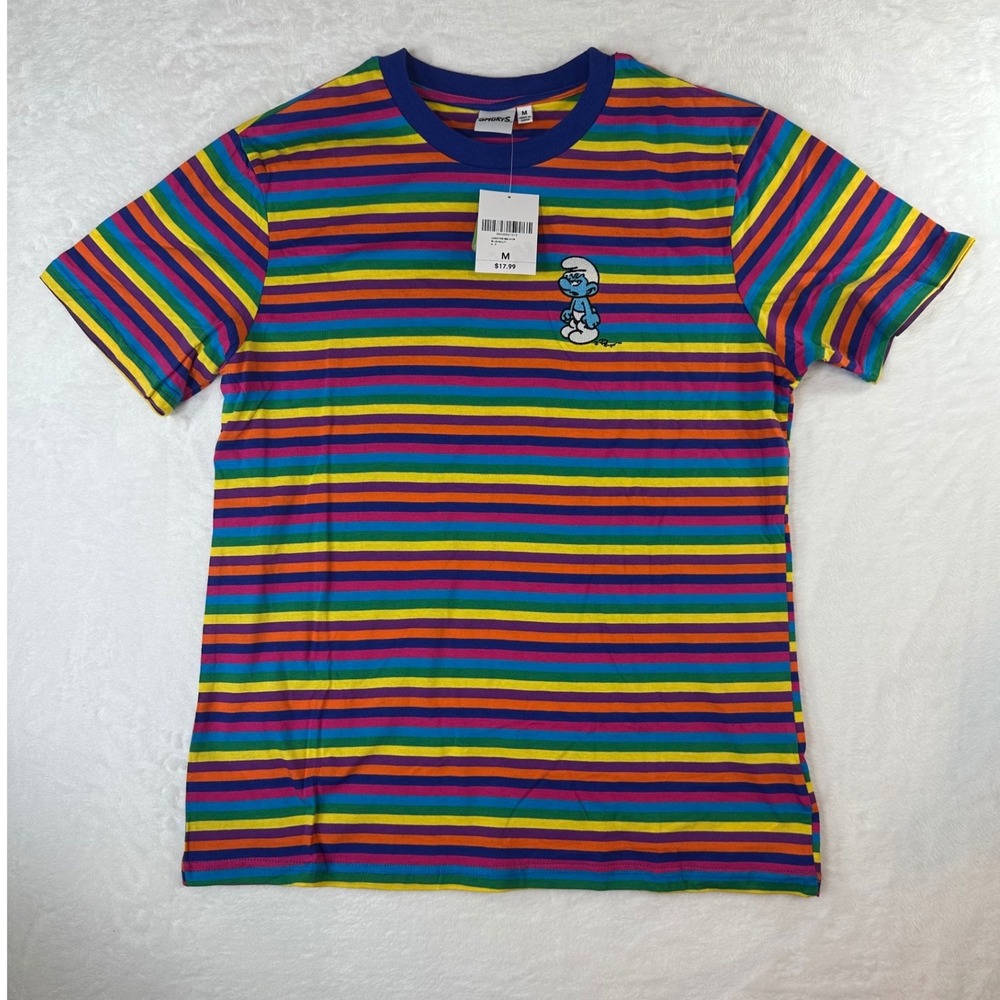 Forever 21 The Smurfs Mens Rainbow Striped Embroidered T-Shirt Blue Multi M NEW